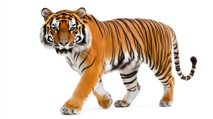 Obraz premium A tiger walks towards the viewer on a white background tiger has bright orange fur with black stripes and a white belly. AI Generative