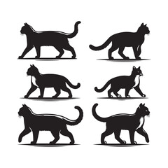Vector Silhouette Set of Cats Walking in Various Poses