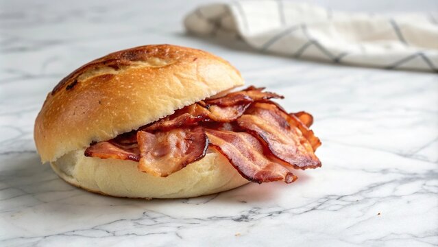 Freshly baked bacon bread roll on a marble kitchen counter, countertop, counter, kitchen, brown, food