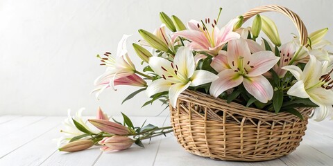 Obraz premium Fresh lily flowers in a wicker basket on a natural white background, wicker basket, rustic charm, flower basket