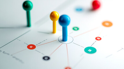 A close-up of colorful pins on a diagram, illustrating connections and relationships, suggesting a brainstorming or planning session.