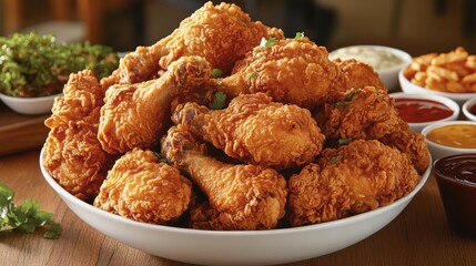 A generous bowl of golden crispy fried chicken presented on a rustic wooden table, complemented by an array of vibrant dipping sauces and fresh garnishes.