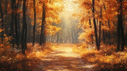Obraz premium Vibrant autumn forest scene with golden leaves and a sunlit path, capturing the tranquil beauty of the fall season.