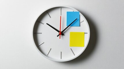 Wall clock featuring a clean white design adorned with blue and yellow sticky notes on a smooth white background, emphasizing modern simplicity and functionality.