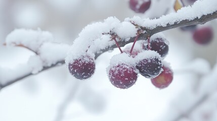 Berries nestled on a snow-covered branch creating a striking contrast against the soft white winter background.