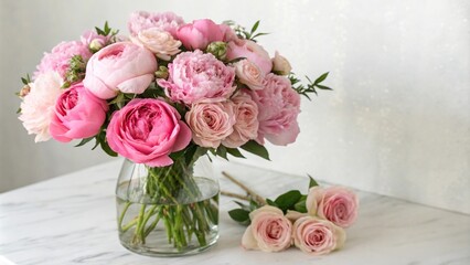 Fresh pink peonies and roses arranged in a vase, flowers, colorful