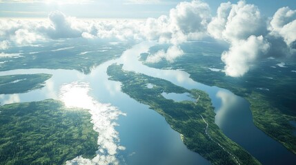 Aerial View of Verdant River Delta with Cloudy Skies and Reflective Waters Showcasing Lush Greenery and Serene Landscape.