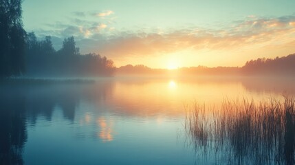 Serene Sunrise Over Misty Lake with Reflected Colors