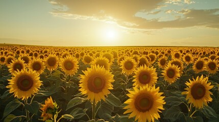A vibrant field of sunflowers standing tall under a bright summer sky. The golden petals seem to glow in the sunlight, creating a joyful and lively atmosphere. The endless rows of flowers stretch 