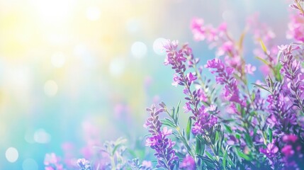 Obraz premium Vibrant wildflowers in a sunny field with soft focus and round bokeh effects in purple, pink, and turquoise, perfect for a floral background with ample copy space.