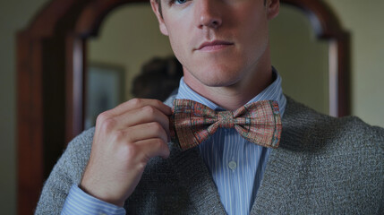 Dapper man adjusting vintage bow tie in stylish setting