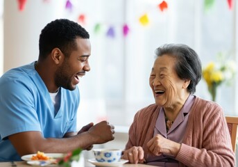 Caregiver laughing with senior woman during mealtime in nursing home
