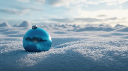 Winter landscape with a solitary blue bauble resting on a blanket of pristine snow, featuring ample negative space for text or graphics.