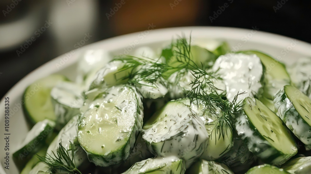 Poster close-up of a fresh cucumber salad with dill and a creamy dressing in a white bowl.