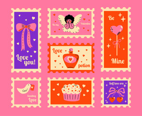 Saint Valentine's Day vector post stamps sticker elements set. Collection of cute groovy funky cartoon illustration with different romantic objects bow, cupid, heart, arrow, 14 February design concept