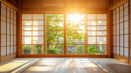 Fototapeta premium Serene Japanese Room with Shimmering Sunlight Streaming Through Shoji Screens and Lush Greenery Outside, Evoking Tranquility and Peacefulness in Nature