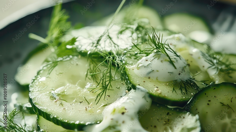 Poster Close-up of a refreshing cucumber salad with dill and a creamy dressing.
