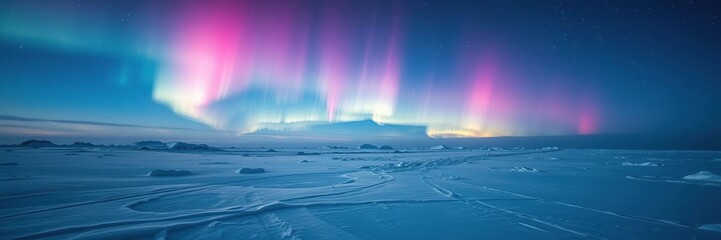 Naklejka premium Frozen landscape at night with pink aurora borealis over snow and ice, winter magic, color gradient, serene atmosphere