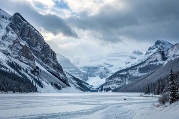 Frozen landscape with snow-covered mountains and valleys, cold climate, snowy terrain
