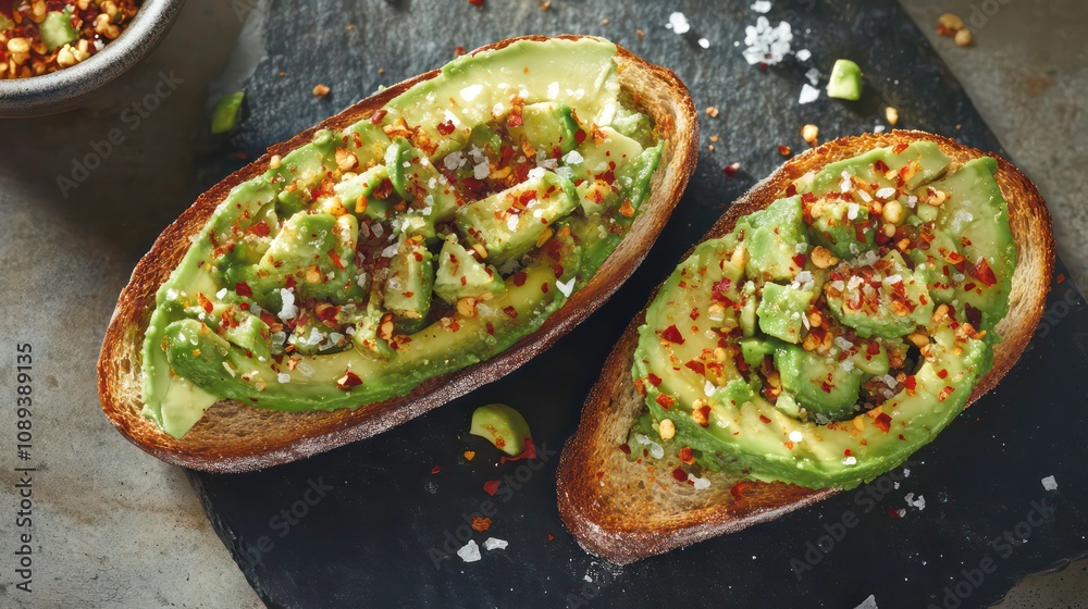 Poster two slices of avocado toast with chili flakes and salt on a dark stone surface.