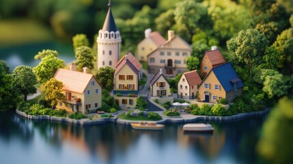 Fototapeta premium Mini town on lake with lush greenery. Tiny Urban