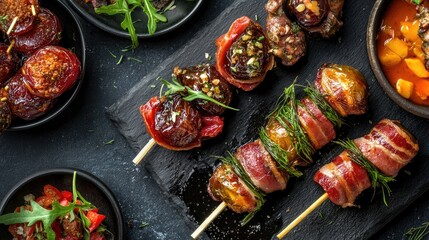Bacon-wrapped dates skewered with fresh herbs, paired with vibrant tapas and savory dishes on a stylish black serving board.