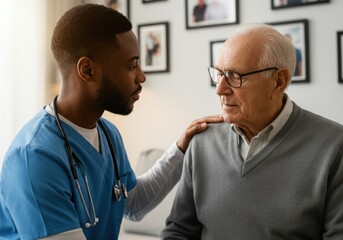 Male nurse comforting elderly man at home, providing medical and emotional support