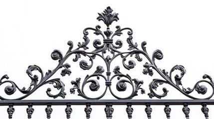 Intricate wrought iron gate design featuring elegant swirls and floral motifs against a crisp white background.