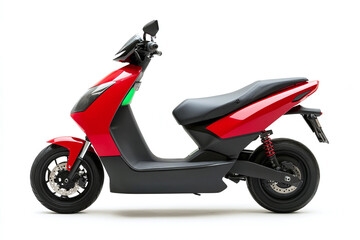 Sleek red electric scooter with black and green carbon fiber, isolated on white background.