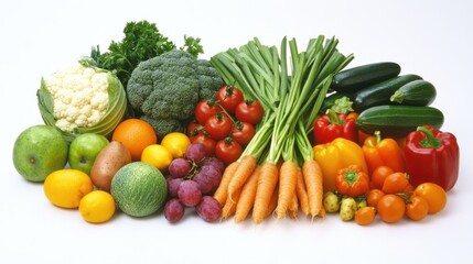 Vibrant assortment of fresh fruits and vegetables on a white backdrop featuring greens, carrots, tomatoes, and colorful peppers.