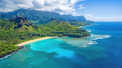 Aerial view of a breathtaking tropical scenery showcasing a serene sandy beach and tranquil azure waters against lush greenery and rugged mountains.