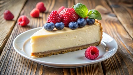 A slice of cheesecake with a fresh berry topping on a white plate, sitting on a rustic wooden table