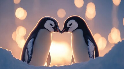 Charming moment of two penguins kissing, their heads forming a heart shape against a softly glowing winter background with bokeh lights.