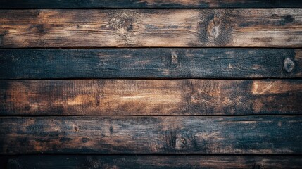 Fototapeta premium Aged brown wooden planks with dark textures creating a rustic and weathered surface, viewed from a top-down perspective.