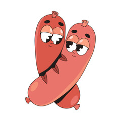 Pair of sausage character with face. Vector pop art icon. Restaurant menu element. Sticker of meaty product or fried kielbasa. Cartoon frankfurter food or comic wiener. Cooking and eating sticker.