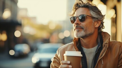 A middle-aged American man enjoys coffee from a reusable cup on a lively city street