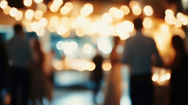 Blurred scene of professionals socializing at a corporate gathering, with warm lights and a lively atmosphere in an office environment.