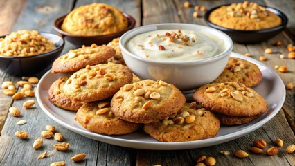 A plate of freshly baked peanut butter cookies, arranged with a bowl of creamy dairy dip and scattered nuts on a rustic wooden table