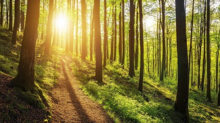 Obraz premium Winding path meandering through a vibrant forest with tall trees and gentle sunlight illuminating the lush greenery and soft ground.