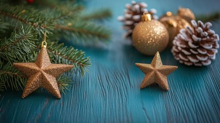 Festive Golden Star Ornaments with Pinecones and Greenery for Holiday Decor