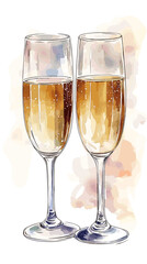 Hand drawn vector watercolor of two glasses of champagne isolated on white background vintage vector sketch drink illustration