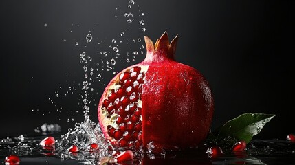 A whole pomegranate dropping into water, the red skin and bursting splash highlighted against a black background.