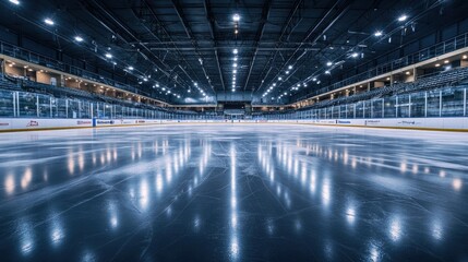Obraz premium A wide-angle shot of an empty ice rink with freshly smoothed ice, reflecting the lights of the arena.