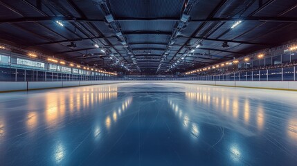 Naklejka premium A wide-angle shot of an empty ice rink with freshly smoothed ice, reflecting the lights of the arena.