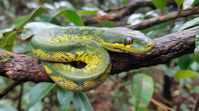 Vibrant Green Tree Python Coiled on a Branch Displaying Detailed Scales Amidst Lush Green Foliage in a Natural Habitat Setting