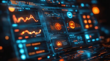 Futuristic digital dashboard displaying data analytics and metrics in a vibrant interface.