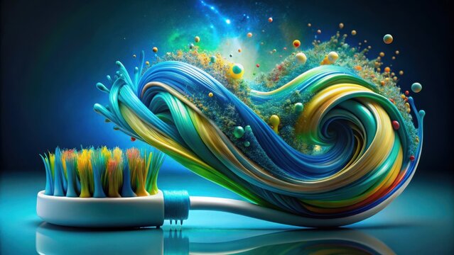 A vibrant swirl of color bursts forth from a toothbrush, an abstract representation of clean and fresh
