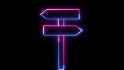 Neon sign board icon animation. Road signpost. Neon glowing Directional Road Sign icon isolated on black background.