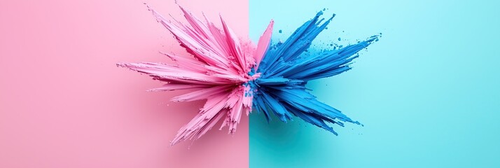 Color explosion in pink and blue on a split background with vibrant details.