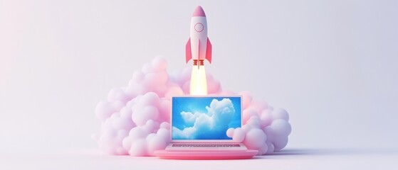 creative concept of a laptop launching a rocket into the sky